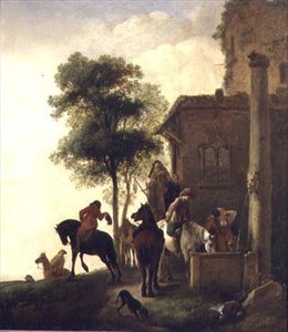 Reizigers die hun paarden water geven buiten een herberg door Philips Wouwermans or Wouwerman
