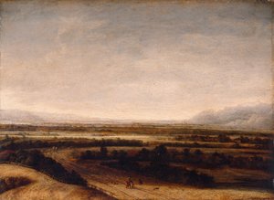 Vlak landschap met uitzicht op verre heuvels door Phillips de Koninck