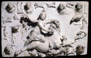 Oosterse oudheden: Mithra die de stier doodt (komt uit het Mithraeum van Sidon). Laag reliëf marmer uit Sayda, 2e-3e eeuw (Grieks-Romeinse periode, Fenicisch Koninkrijk). Parijs, Louvre Museum
