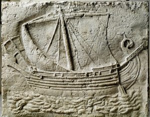 Fenicische kunst: bas-reliëf van sarcofaag die een koopvaardijschip voorstelt - Uit de oude haven van Sidon (Saidoon) in Libanon - Parijs, Louvre Museum door Phoenician Phoenician