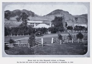 Huis gebouwd door John Kingsmill Abbott, in Wingen, op de eerste 330 acres land gekocht door de Abbotts in Australië in 1843 door Photographer Australian