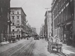 Kijkend omhoog Yonge Street, hoek van King, Toronto door Photographer Canadian