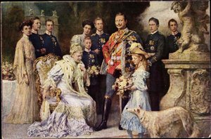 Kunstenaar Ak Kaiser Wilhelm II, Auguste Viktoria, Viktoria Luise, Windhond, Pruisen (zwart-wit foto)