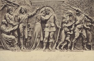 Het afscheid, reliëf op het Nationaldenkmal, monument ter herdenking van de eenwording van Duitsland, Rüdesheim am Rhein, Hessen (zw/w foto) door Photographer German