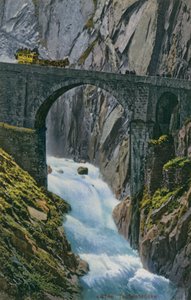 Een koets steekt de Teufelsbrucke over de Schollenenkloof in Zwitserland over. Ansichtkaart verzonden in 1913.