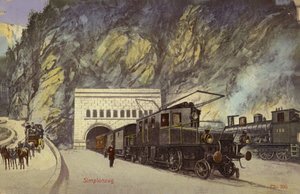 Trein bij de ingang van de Simplontunnel (gekleurde foto)