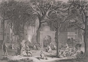Hindoe Fakirs die hun bijgelovige rituelen beoefenen, gegraveerd door Bell, uit Wereldreligie, uitgegeven door A. Fullarton & Co. door Picart