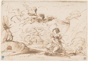 De engel verschijnt aan Hagar en Ismaël in de wildernis, ca. 1645 (pen en bruine inkt met bruin gewassen op geschept papier) door Pier Francesco Mola