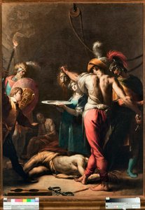De Onthoofding van Johannes de Doper. Het hoofd van de heilige wordt op een plateau geplaatst - Schilderij door Pier Francesco Mazzuchelli, genaamd il Morazzone (1573-1626) Musei di Strada Nuova Genes (inv n PB 2813)