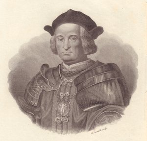 Portret van Italiaanse militaire leider en politicus Gian Giacomo Trivulzio (1440-1518), kopergravure door Locatelli