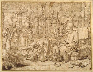 Polcinello geeft les in een schuur