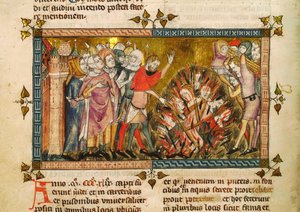 Verbranding van de Joden in 1349. Miniatuur uit: Tractatus quartus door Gilles de Muisit, ca 1353