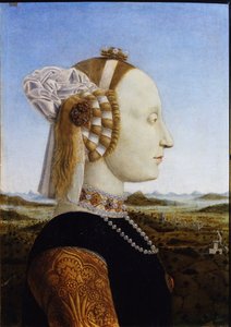 Portret van Battista Sforza uit de gepaarde portretten van Federico da Montefeltro en zijn vrouw, de hertog en hertogin van Urbino, 1472 door Piero della Francesca