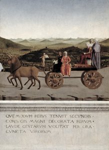 Triomf van Battista Sforza, Hertogin van Urbino. Battista en haar dienstmaagd, twee Theologische Deugden en een non worden getrokken in een triomfwagen door twee bruine eenhoorns, na 1472 (detail)