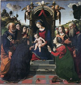 Maagd en Kind op de troon omringd door heiligen door Piero di Cosimo