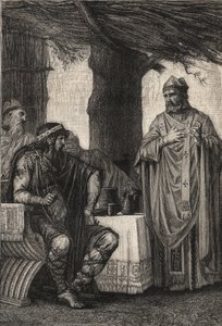 Sint Gregorius van Tours (538-594) tegenover Chilperic I (539-584) Frankische koning van de Merovingische dynastie - gravure door Pierre Fritel door Pierre (after) Fritel