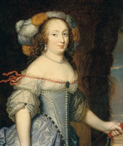 Portret van Françoise Anthénaïs de Rochechouart de Mortemart, markiezin de Montespan (1640-1707), halflang, als Diana, met een gevederde hoofdband en een boog in haar linkerhand door Pierre (circle of) Mignard