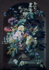 Vaas met bloemen en mimosa
