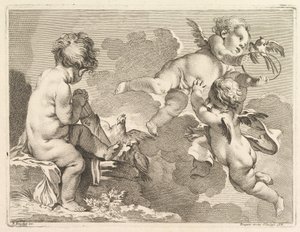 Drie liefdes, waarvan één zit en een pijlkoker vasthoudt door Pierre Alexandre Aveline