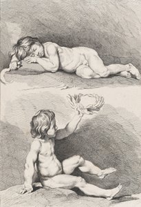 Twee naakte kinderen, een slapend en de ander met een krans, uit Nieuw Boek van Kinderen..., 1720-60