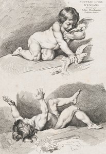 Twee naakte kinderen die met een blad spelen, uit Nieuw Boek van Kinderen, 1720-60