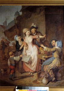 De verleiding Een man verleidt een jonge vrouw door haar een boeket bloemen aan te bieden, een andere vrouw lijkt haar te waarschuwen. door Pierre Alexandre Wille