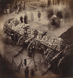 Barricades van de Commune, april 71. Hoek van het stadhuisplein en de Rue de Rivoli door Pierre Ambrose Richebourg