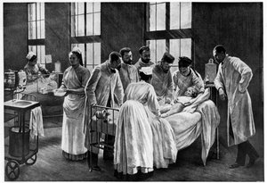 Le Croup in het ziekenhuis Trousseau, door Andre Brouillet - De Croup genezen door dokter Roux, gegraveerd door E. Buval (kleur litho)