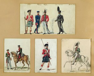 De uniformen van Schotse soldaten en Pruisische, Engelse, Hannoveraanse en Russische officieren in 1814