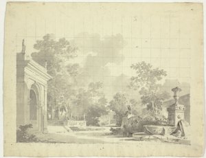 Gezicht op het park van Versailles: Gewelfde toegang tot een terras, urnen en verwoeste beelden door Pierre Antoine Mongin