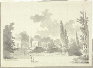 Uitzicht op het park van Versailles: Trap naar terras met tempel en zuil door Pierre Antoine Mongin
