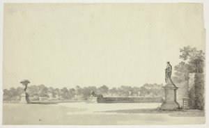 Gezicht op het park van Versailles: Terras met urne, sfinx en vrouwenbeeld