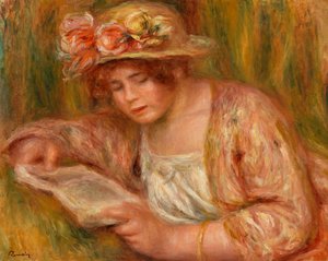 Andrée met hoed, lezend door Pierre Auguste Renoir