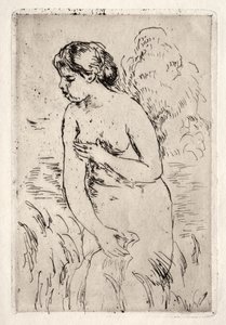 Badende tot haar knieën in het water door Pierre Auguste Renoir