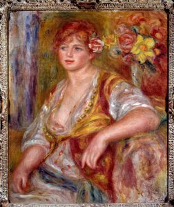Blonde met de roos. Portret van Andree Madeleine Heuschling, bijgenaamd Dedee, een comédienne bekend als Catherine Hessling door Pierre Auguste Renoir