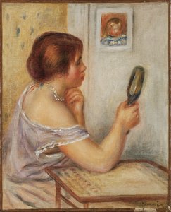 Gabrielle met een spiegel of Marie Dupuis met een spiegel met een portret van Coco, begin 1900s door Pierre Auguste Renoir