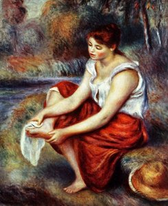 Meisje dat haar voeten afveegt door Pierre Auguste Renoir