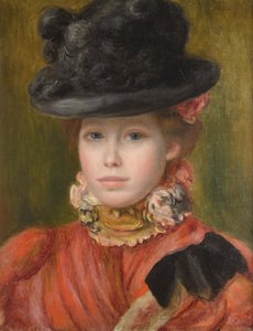 Meisje met zwarte hoed met rode bloemen, ca. 1890 door Pierre Auguste Renoir