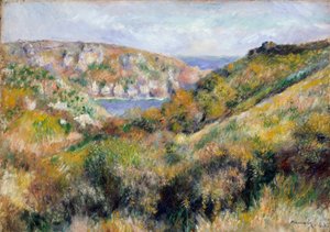 Heuvels rond de baai van Moulin Huet, Guernsey, 1883 door Pierre Auguste Renoir