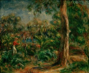 De grote boom. Vrouw met rood lijfje in de tuin van Ca door Pierre Auguste Renoir