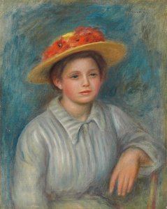 Portret van een vrouw met een hoed met bloemen door Pierre Auguste Renoir