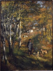 De schilder Jules Le Coeur met zijn honden in het bos van Fontainebleau door Pierre Auguste Renoir