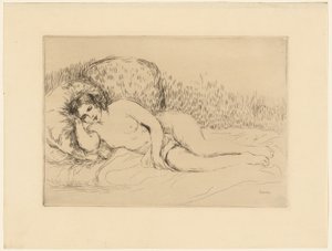 Vrouw liggend, naar links door Pierre Auguste Renoir