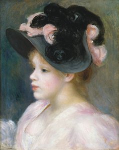 Jong meisje met roze en zwarte hoed, ca. 1891 door Pierre Auguste Renoir