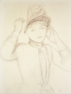 Jonge vrouw die haar hoed schikt; Jeune Fille Arrangeant son Chapeau, ca. 1885 door Pierre Auguste Renoir