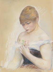 Jonge vrouw met een bloem. Portret van de actrice Jeanne Samary, ca. 1880