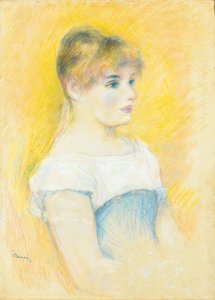 Jong meisje in een blauw korset door Pierre Auguste Renoir
