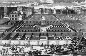 Uitzicht op de moestuin in Versailles ten tijde van Lodewijk XIV, gravure door Aveline
