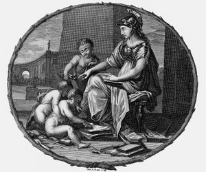 Vrouwelijke allegorie van rede en creativiteit omringd door kinderen,1695-1697 (gravure)