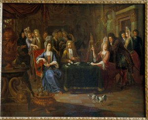 Adellijke kaartspelers die kaarten in een woonkamer door Pierre Bergaigne